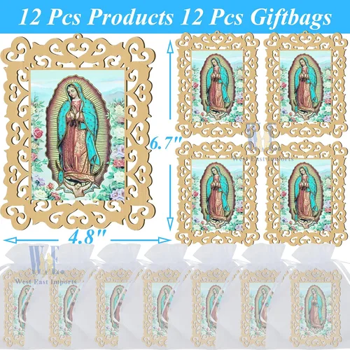 Vista 2 de Bautizo Favores 12 piezas Nuestra Señora de Guadalupe marcos de fotos de madera para primer viaje bautizo conmemorativo regalo con bolsas