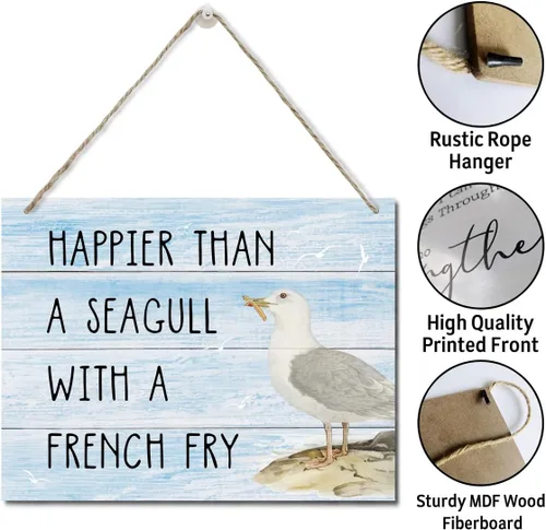 Vista 5 de Letrero Decorativo "Happier Than a Seagull with a French Fry", Placa de Pared Colgante Impresa, Letreros de Madera, Regalo de Decoración del Hogar