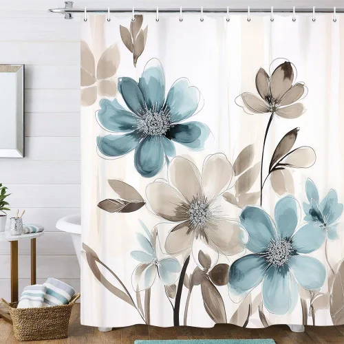 Vista 8 de Torich Cortina de ducha bohemia floral para baño, abstracta de mediados de siglo, decoración bohemia, cortinas de baño, flores botánicas, hojas