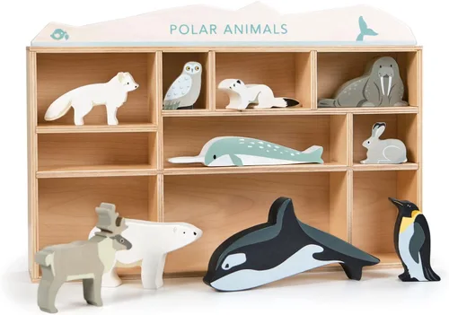 Vista 2 de Tender Leaf Toys - Animales polares - 10 animales polares de madera maciza con estantería - Hecho para manos pequeñas, mejora la coordinación