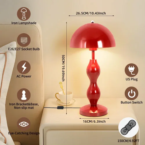 Vista 5 de Lámpara de mesa de hongos, lámparas únicas de maceta para dormitorio, bonita lámpara de escritorio LED roja, lámpara moderna de mediados de siglo