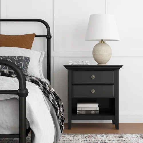 Vista 2 de SIMPLIHOME Amherst Mesita de noche tradicional de madera maciza de 24 pulgadas de ancho, color negro, para sala de estar y dormitorio