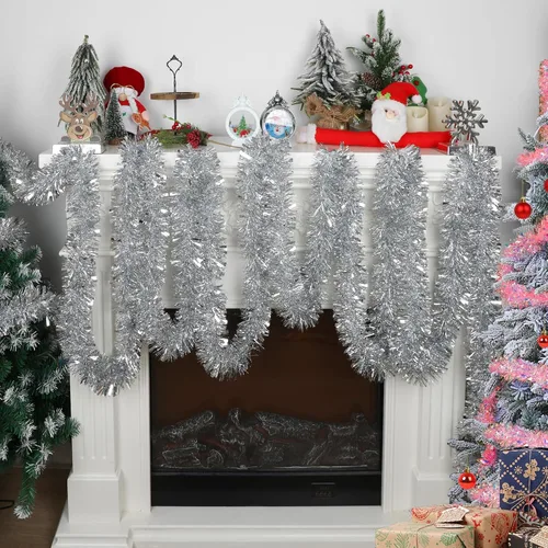 Vista 7 de DECORA - Guirnalda de oropel plateado de 33 pies, guirnalda de oropel metálico colgante para árbol de Navidad, decoración para el hogar y fiestas