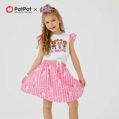Vista 2 de L.O.L. Surprise! Girls Skirt Set 2Pcs Kid Girl Graphic Print Tie Knot Ruffle Sleeve Cotton Tee and Allover Print Skirt Set