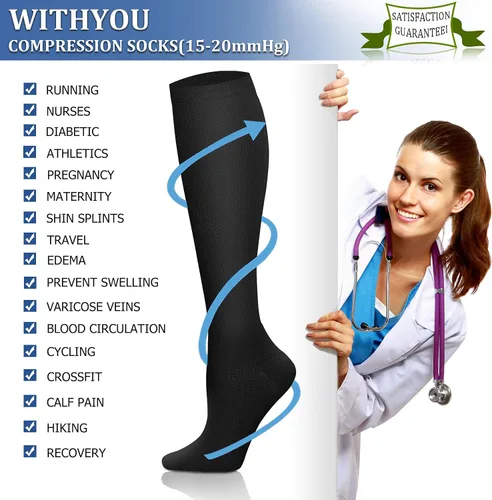 Vista 7 de WITHYOU Los calcetines de compresión de 15-20 mmHg son los mejores atléticos para hombres y mujeres, correr, vuelo, viajes, enfermeras embarazadas