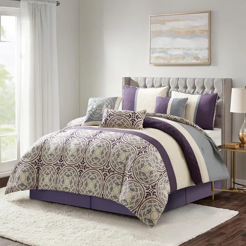 Vista 9 de Grand Avenue Juego de edredón azul King, ropa de cama con estampado de microfibra, geométrico, patchwork de 7 piezas, edredones, fundas de almohada
