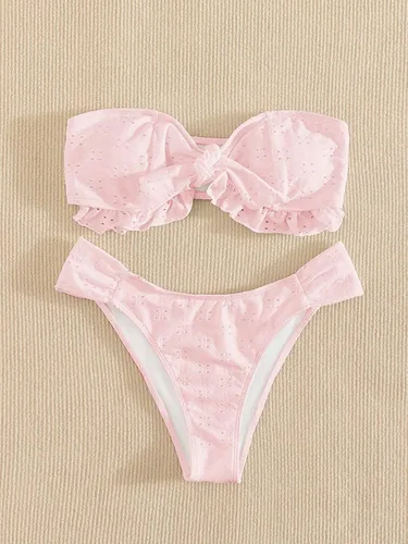 Vista 4 de WDIRARA Conjunto de bikini bandeau con nudo frontal y volantes para mujer, traje de baño de 2 piezas sin tirantes
