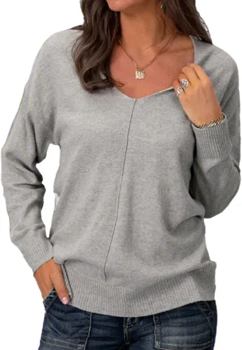 Vista 3 de Suéter casual para mujer, cuello en V, suave, ajustado, color liso, tejido suelto, sin botones