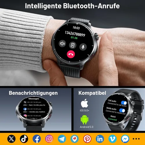 Vista 3 de Reloj inteligente para hombre, monitor de fitness HD de 1.52 pulgadas con presión arterial SpO2, monitor de sueño de frecuencia cardíaca, 110 modos