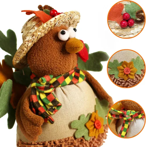 Vista 3 de Ogrmar Paquete de 2 muñecas de pavo de peluche de 15 pulgadas, decoración de mesa de Acción de Gracias, exquisita muñeca de felpa de pavo hecha a