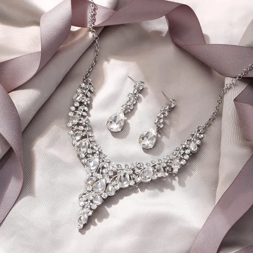 Vista 4 de EVER FAITH Conjunto de joyas de cristal austriaco para dama de honor, collar de lágrima de flor de declaración