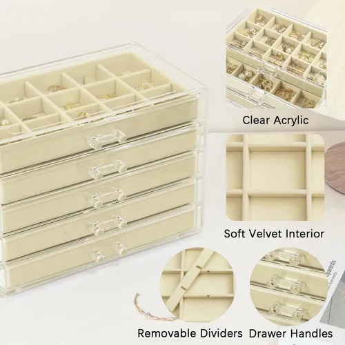 Vista 6 de KAMIER Caja organizadora de aretes con 5 cajones, caja organizadora de joyas de acrílico transparente para mujeres, juego de 20 bolsas de joyería