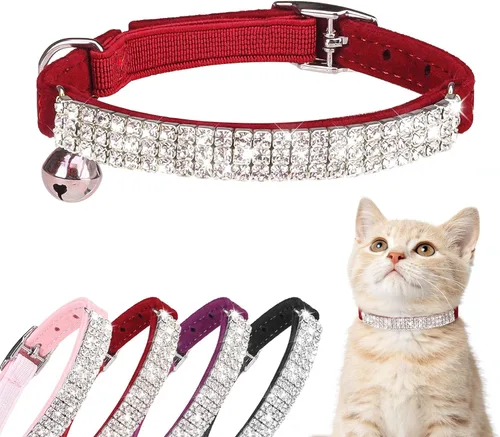 Vista 17 de BINGPET collar ajustable para gatos, de terciopelo suave, seguro, collares Bling diamante con cascabel, Adjustable, Negro Negro
