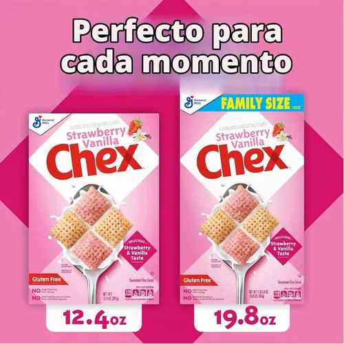 Vista 5 de Cereal Chex de Fresa y Vainilla, cereales para el desayuno sin gluten, hechos con grano integral, 12.4 onzas