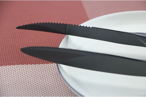 Vista 8 de Juego de cubiertos de acero inoxidable negro pulido con espejo, cuchillo de carne, tenedor, tenedor de ensalada, cuchara de postre, 24 piezas
