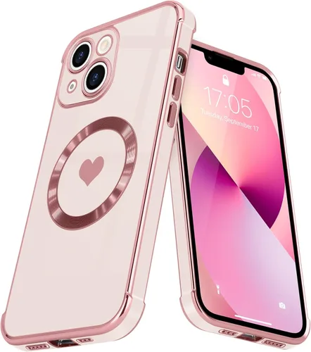 Vista 26 de Funda magnética para iPhone 13, para mujeres y niñas, chapado de lujo, lindo corazón de amor, cubierta trasera suave, protección completa de lente