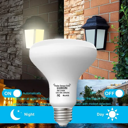 Vista 3 de LUXON Bombillas con sensor de movimiento de radar BR25 de 9 W, detector equivalente al atardecer al amanecer de 90 W, iluminación de lámpara LED