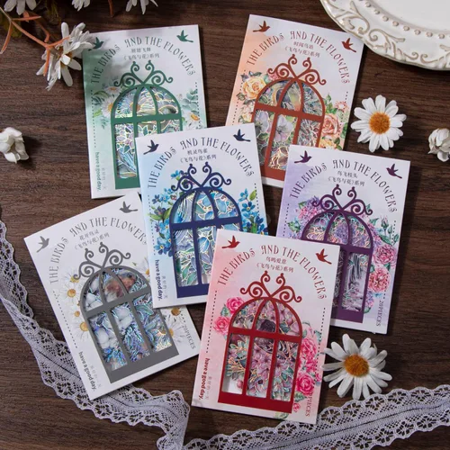 Vista 5 de LakoArt 120 calcomanías de pájaros y flores con borde holográfico plateado y fondo transparente, calcomanías de álbum de recortes de naturaleza