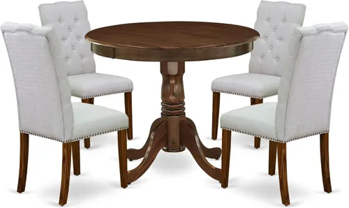 Vista 17 de East West Furniture ANEL3-ANA-05 Juego de mesa y sillas de cocina de 3 piezas contiene una mesa redonda de comedor con pedestal y 2 sillas Parsons