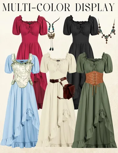 Vista 4 de Scarlet Darkness Vestido renacentista para mujer, estilo corsé, con volantes, con bolsillos