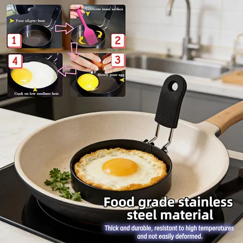 Vista 3 de Anillos de huevo de acero inoxidable de 3.5 pulgadas para panqueques, molde antiadherente para huevos con mango de silicona, molde redondo