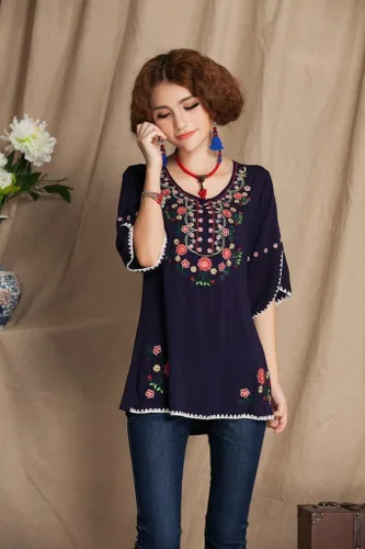 Vista 4 de Ashir Aley Blusa mexicana estilo bohemio bordada para mujer
