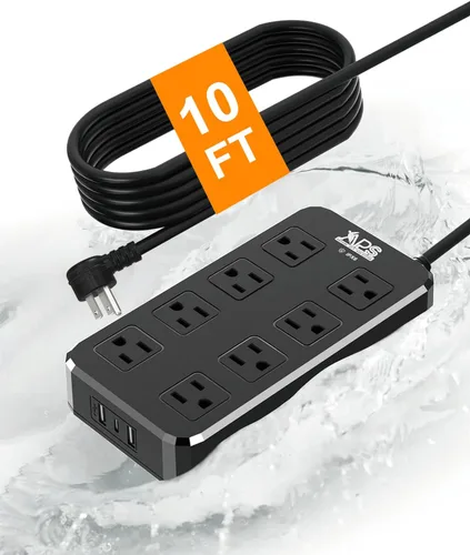 Vista 8 de Regleta de alimentación para exteriores IPX6 resistente a la intemperie, protector de sobretensiones impermeable con 8 tomas anchas con puertos USB