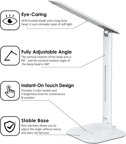 Vista 8 de Lámpara de escritorio LED, luz de escritorio con puerto de carga USB, 3 modos de color, 5 niveles de brillo, lámpara de mesa regulable, lámpara