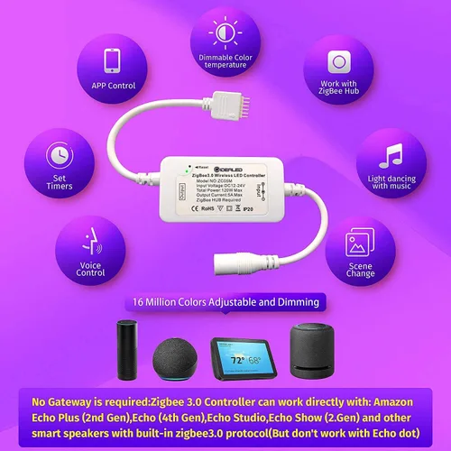 Vista 5 de GIDEALED Smart Zigbee 3.0 RGBWW - Tira de luces LED, kit de 16.4 pies compatible con Echo Plus Echo Studio Alexa Control de voz y aplicación RGB Kit