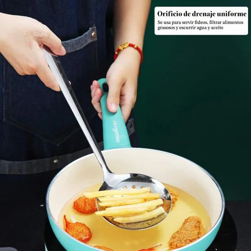 Vista 5 de Juego de utensilios de cocina de acero inoxidable, 4 piezas, espátula ranurada, espátula sólida, espumadera y cucharón, resistente al óxido, mango