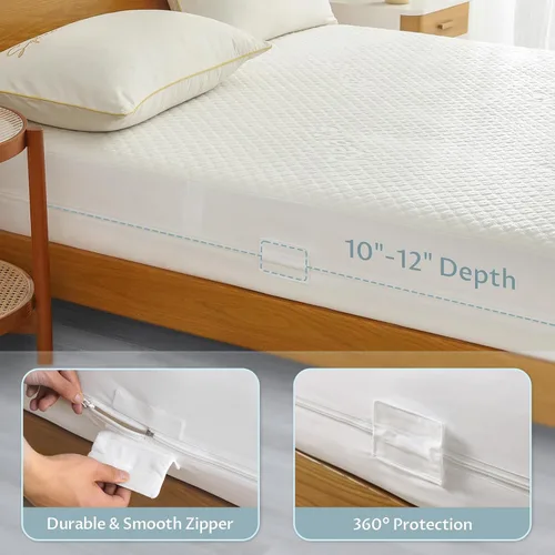 Vista 4 de Protector de colchón tamaño Twin con cremallera - Funda de colchón 100% impermeable con cremallera - Fundas de colchón suaves y refrescantes sin
