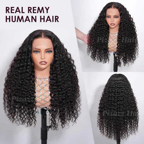 Vista 2 de Pizazz - Pelucas de cabello humano ondulado profundo con encaje frontal de 13 x 4, nudos blanqueados previamente despuntados Pelucas de cabello
