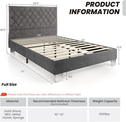 Vista 2 de Giantex Base de cama tapizada, plataforma moderna con cabecera de terciopelo capitoné con botones, marco de cama tamaño matrimonial, base de colchón