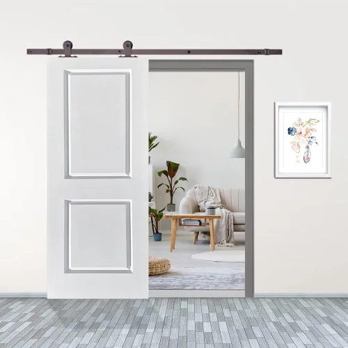 Vista 2 de Puerta corrediza interior de granero de MDF de 2 paneles compuesta pintada con kit de herramientas, 36 x 80 pulgadas, imprimado blanco
