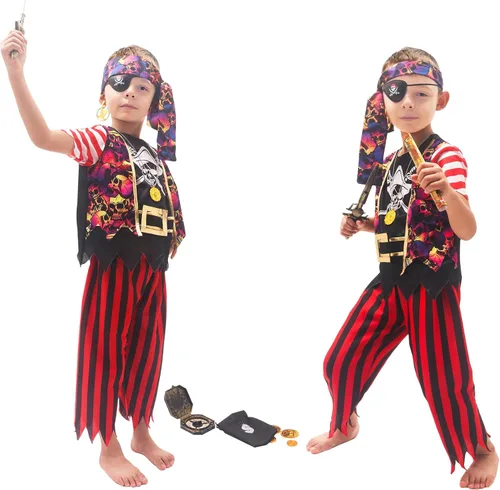 Vista 4 de FUNCREVITY Disfraz de pirata para niños, abrigo, pantalones, sombrero con accesorios, juego de lujo para fiesta pirata, cosplay de pirata
