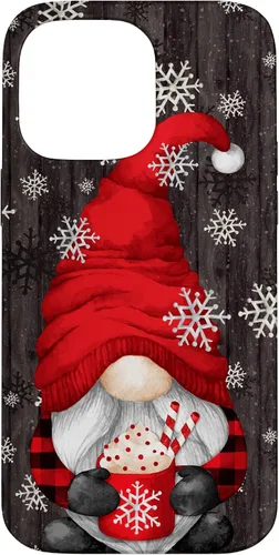 Vista 20 de iPhone 14 Pro Gnomo de Navidad rojo para mujeres con taza de cacao caliente lindo estuche de Navidad
