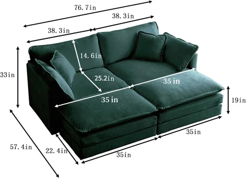 Vista 272 de Sofá seccional modular verde de 111.5", sofás seccionales grandes de 3 plazas para sala de estar, sofá nube oversized de tela chenille con otomana
