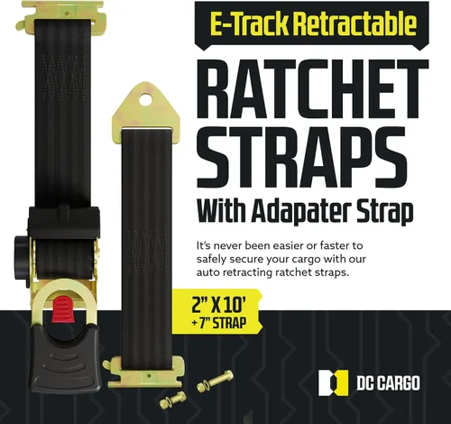 Vista 2 de DC Cargo Mall Correas de trinquete retráctiles E Track - Opciones de montaje E-Track y atornillado (paquete de 2) 2" x 10' - 4,000 lbs