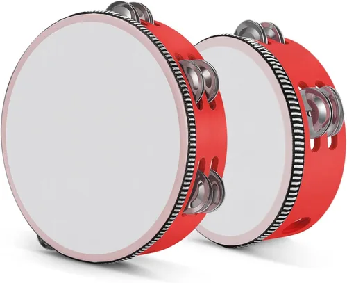 Vista 28 de Flexzion Pandereta de madera de mano para adultos de 6 pulgadas, doble fila de 8 pares de jingles (rojo) - Instrumento musical de pandereta redonda