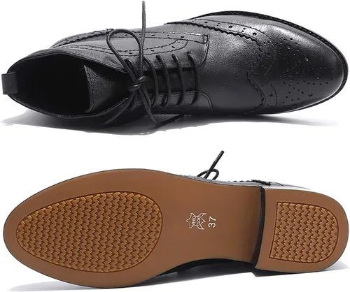 Vista 4 de Mona flying Botas Oxford de cuero cómodas con cordones para mujer, botas de tobillo de alta moda, botas de combate de tacón bajo
