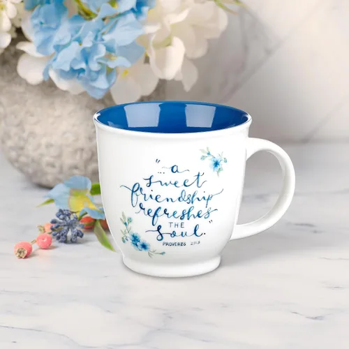 Vista 4 de Taza de cerámica de arte cristiano azul floral – 14 oz. Taza de café y té inspiradora con escrituras bíblicas apta para microondas y lavavajillas
