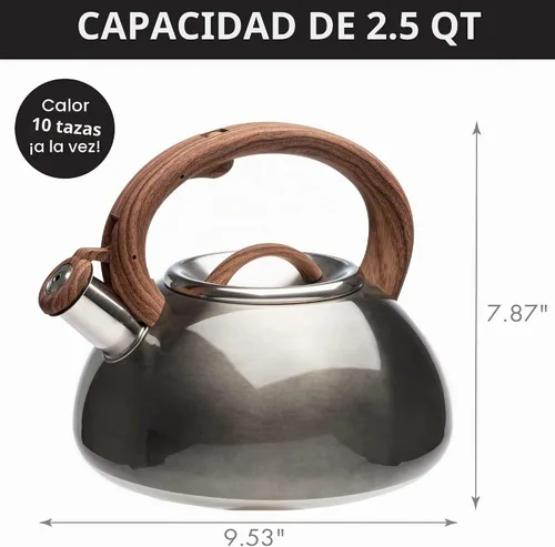 Vista 8 de Tetera silbante Primula Avalon, con boquilla silbante, con tapa de boquilla segura Acabado gris y madera