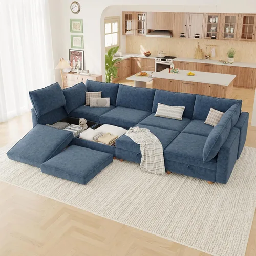 Vista 22 de 95.5" Sofá seccional modular de chenilla con almacenamiento oculto, sofá cama convertible en forma de L y U, sofá seccional moderno de 6 plazas