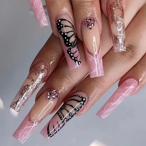 Vista 8 de Uñas postizas a presión de almendra, color rosa degradado medio, con bonito diseño de conejo y gato, uñas postizas de estrella plateada, uñas