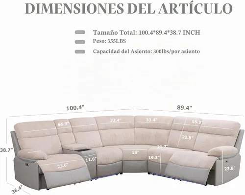 Vista 2 de Sofá seccional reclinable eléctrico, sofá de felpa beige y gris, sofá seccional con consola de almacenamiento, sofá reclinable para sala de estar