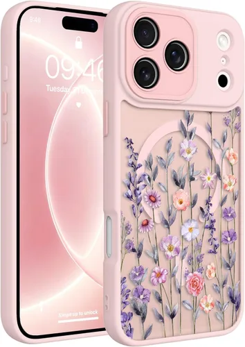 Vista 93 de Magnético para iPhone 13 con protector de pantalla [Compatible con MagSafe] Diseño de patrón floral de flores bonitas, funda delgada a prueba