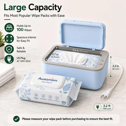 Vista 3 de Calentador de toallitas húmedas para bebés y adultos, dispensador de toallitas de pañales de gran capacidad, temperatura ajustable de 3 niveles, Azul