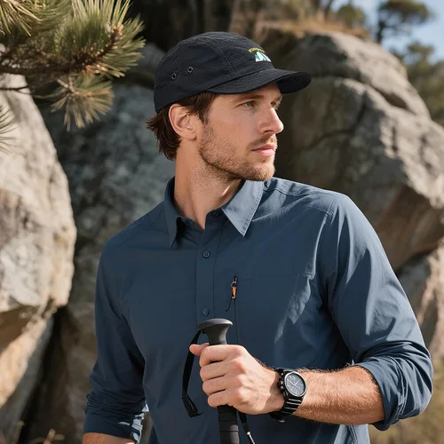 Vista 2 de Clakllie Sombrero de ala plana de 5 paneles sin estructura, gorra de ala corta de secado rápido, gorra de béisbol de nailon transpirable