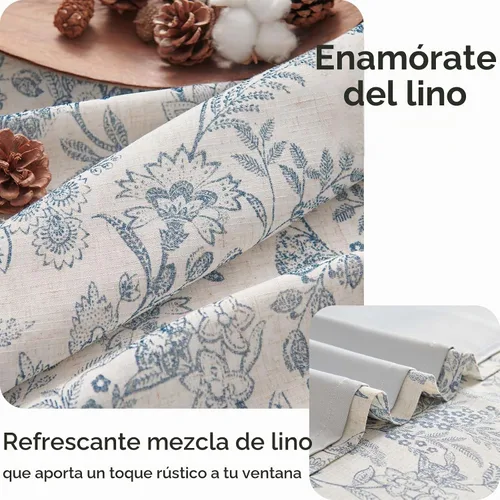 Vista 2 de Cortinas de cocina florales Lazzzy de 24 pulgadas de largo, lino azul, oscurecimiento de habitación, estilo granja, café, pequeñas, rústicas