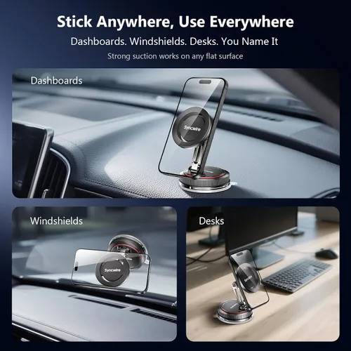 Vista 9 de SYNCWIRE para soporte de coche MagSafe [Diseño de 2 ejes] Gel adhesivo nano + ventosa magnética con soporte para teléfono para salpicadero